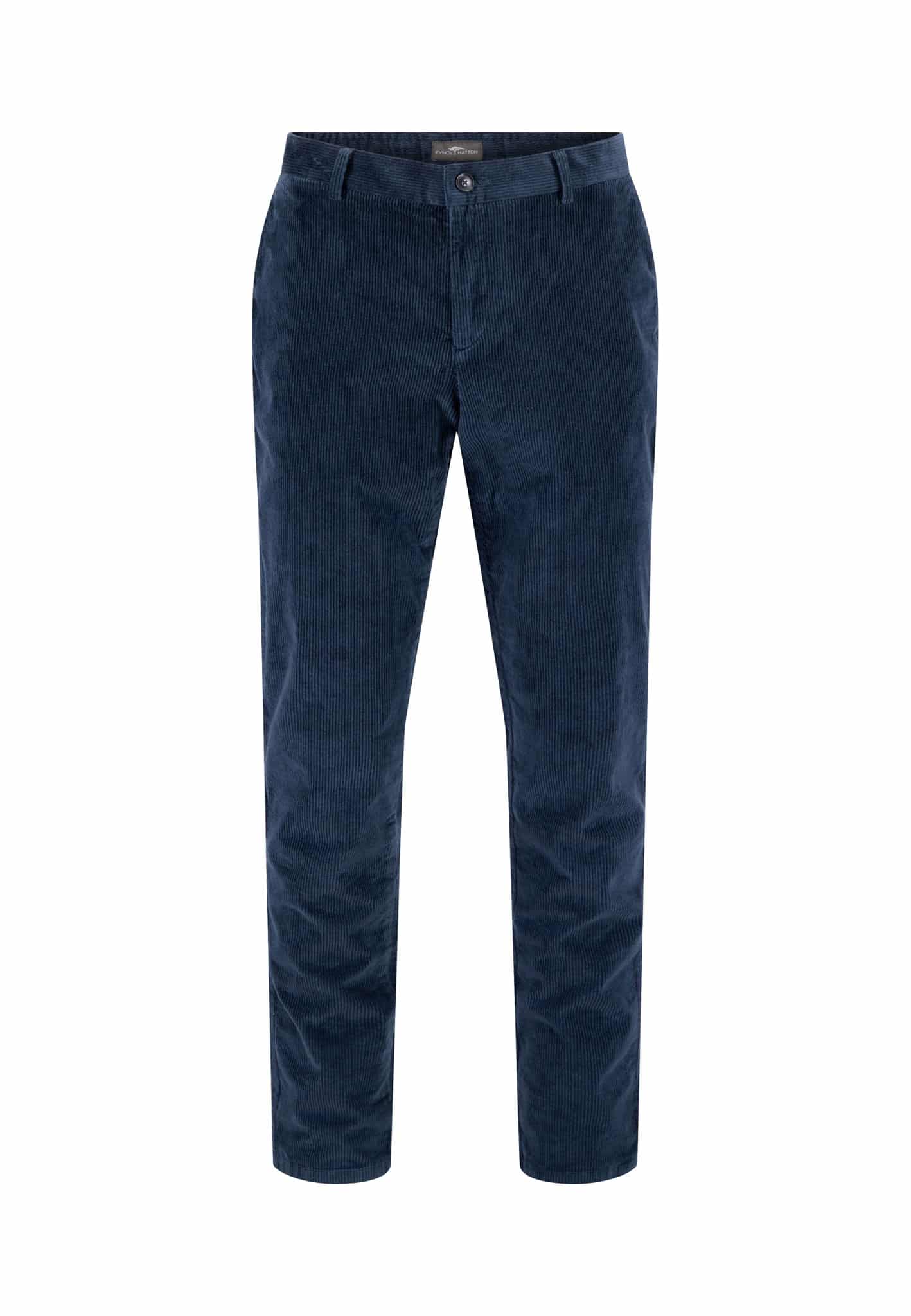 Navy blue corduroy trousers displayed on a white background. The pants have a button and zipper closure, belt loops, and side pockets.