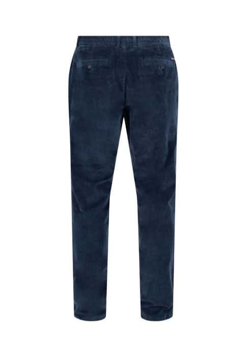 Back view of a pair of navy blue corduroy pants with straight legs, two buttoned back pockets, and a visible waistband, displayed on a plain white background.