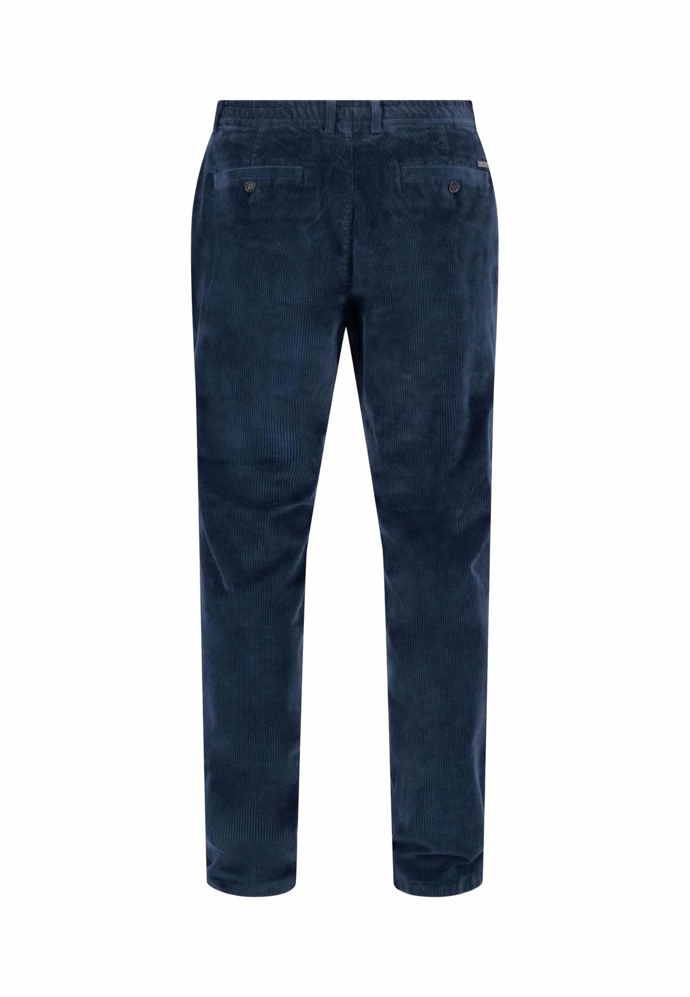 Back view of a pair of navy blue corduroy pants with straight legs, two buttoned back pockets, and a visible waistband, displayed on a plain white background.