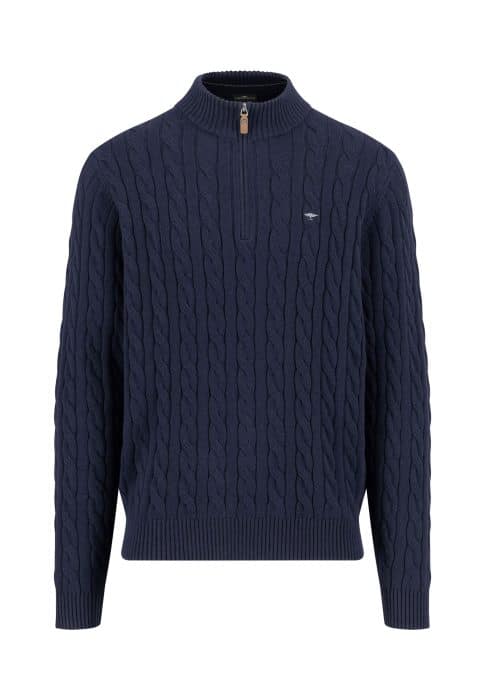 A navy blue cable knit sweater with a half-zip collar and ribbed cuffs and hem, displayed on a plain white background.
