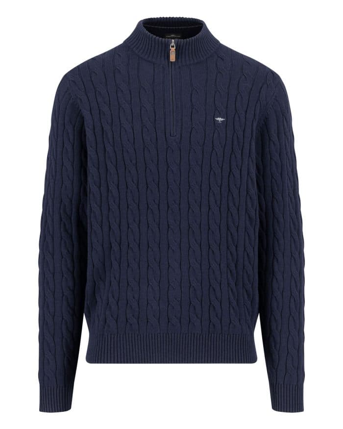 A navy blue cable knit sweater with a half-zip collar and ribbed cuffs and hem, displayed on a plain white background.