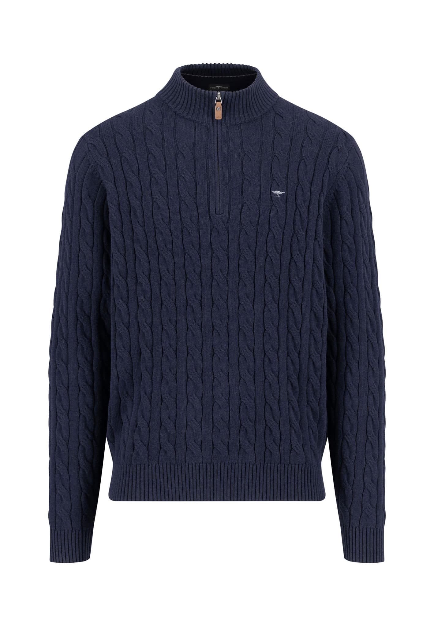 A navy blue cable knit sweater with a half-zip collar and ribbed cuffs and hem, displayed on a plain white background.