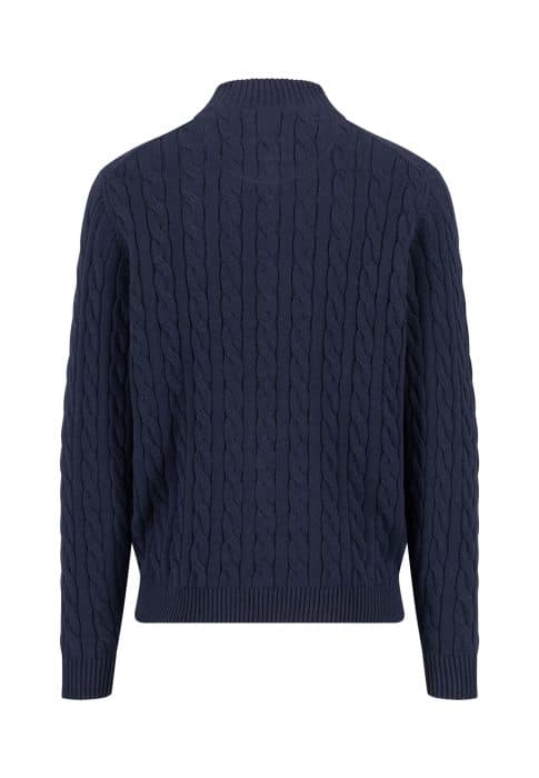 A navy blue cable knit sweater with long sleeves, ribbed cuffs, hem, and collar, shown from the back on a plain white background.