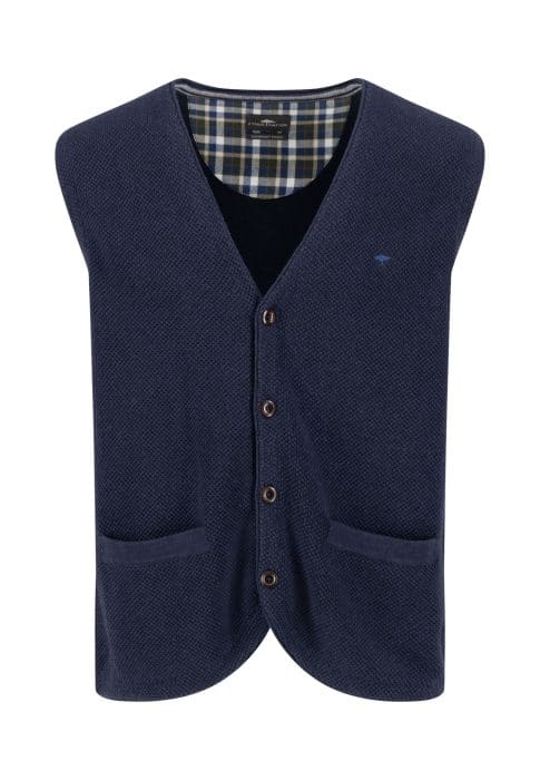 A navy blue button-up vest with two front pockets and a subtle textured pattern. The inside lining features a blue and yellow plaid design. The vest has a V-neck and is sleeveless.