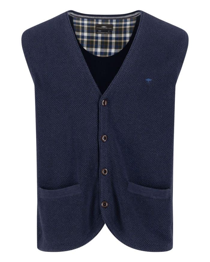 A navy blue button-up vest with two front pockets and a subtle textured pattern. The inside lining features a blue and yellow plaid design. The vest has a V-neck and is sleeveless.