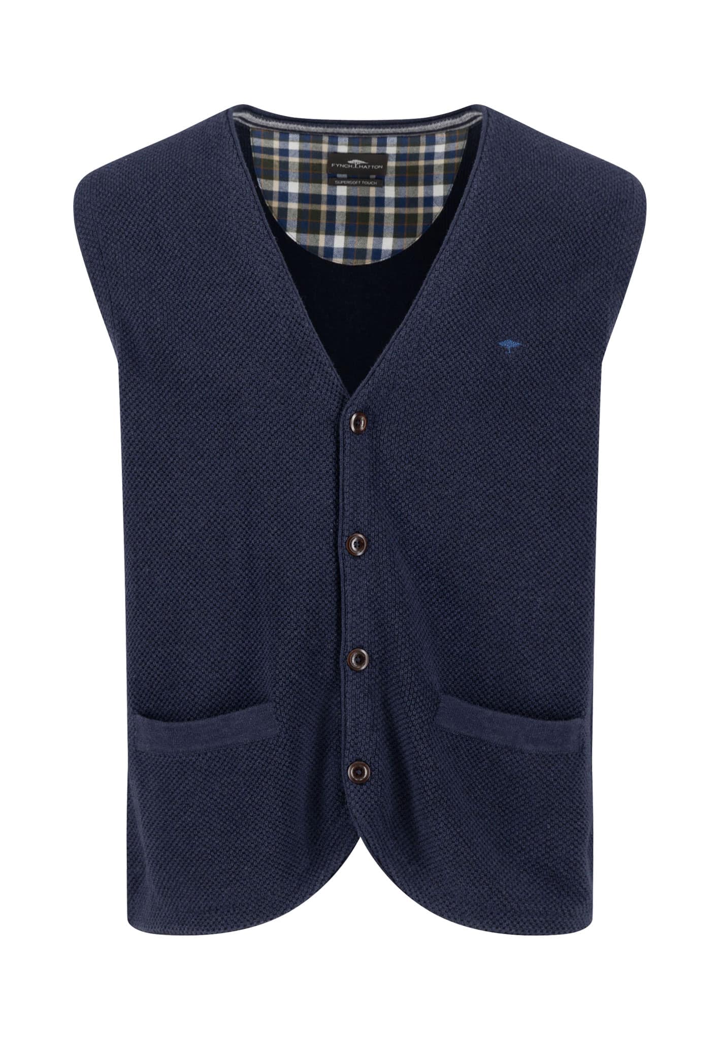 A navy blue button-up vest with two front pockets and a subtle textured pattern. The inside lining features a blue and yellow plaid design. The vest has a V-neck and is sleeveless.