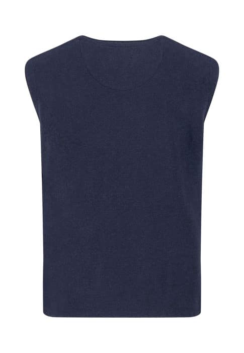 A sleeveless, dark navy blue knit vest with a round neckline, shown against a white background.