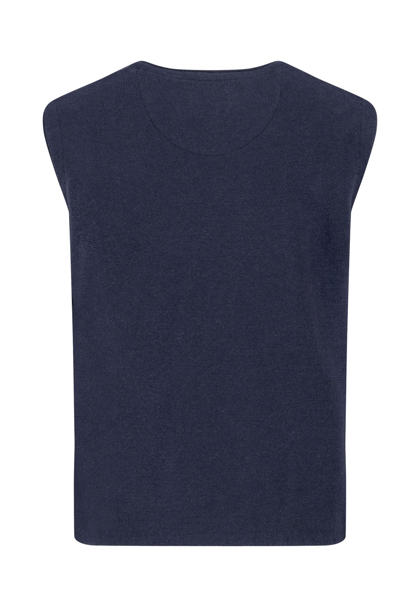 A sleeveless, dark navy blue knit vest with a round neckline, shown against a white background.