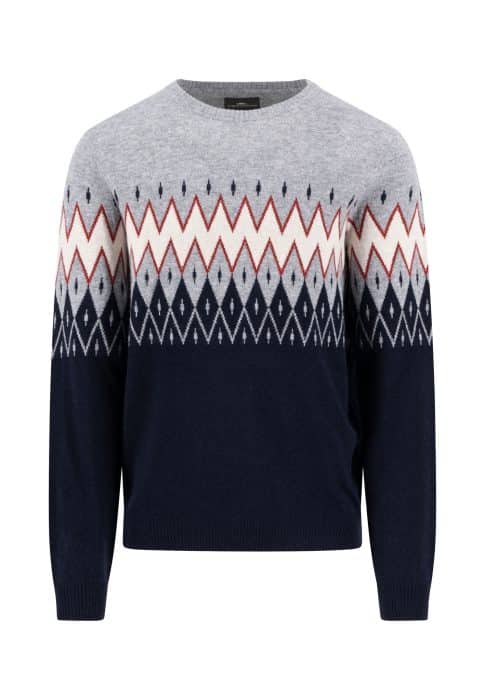 A long-sleeve sweater with a crew neckline, featuring a color gradient from light gray at the top to dark navy at the bottom. The sweater has a geometric diamond and zigzag pattern in white, red, and navy across the chest.