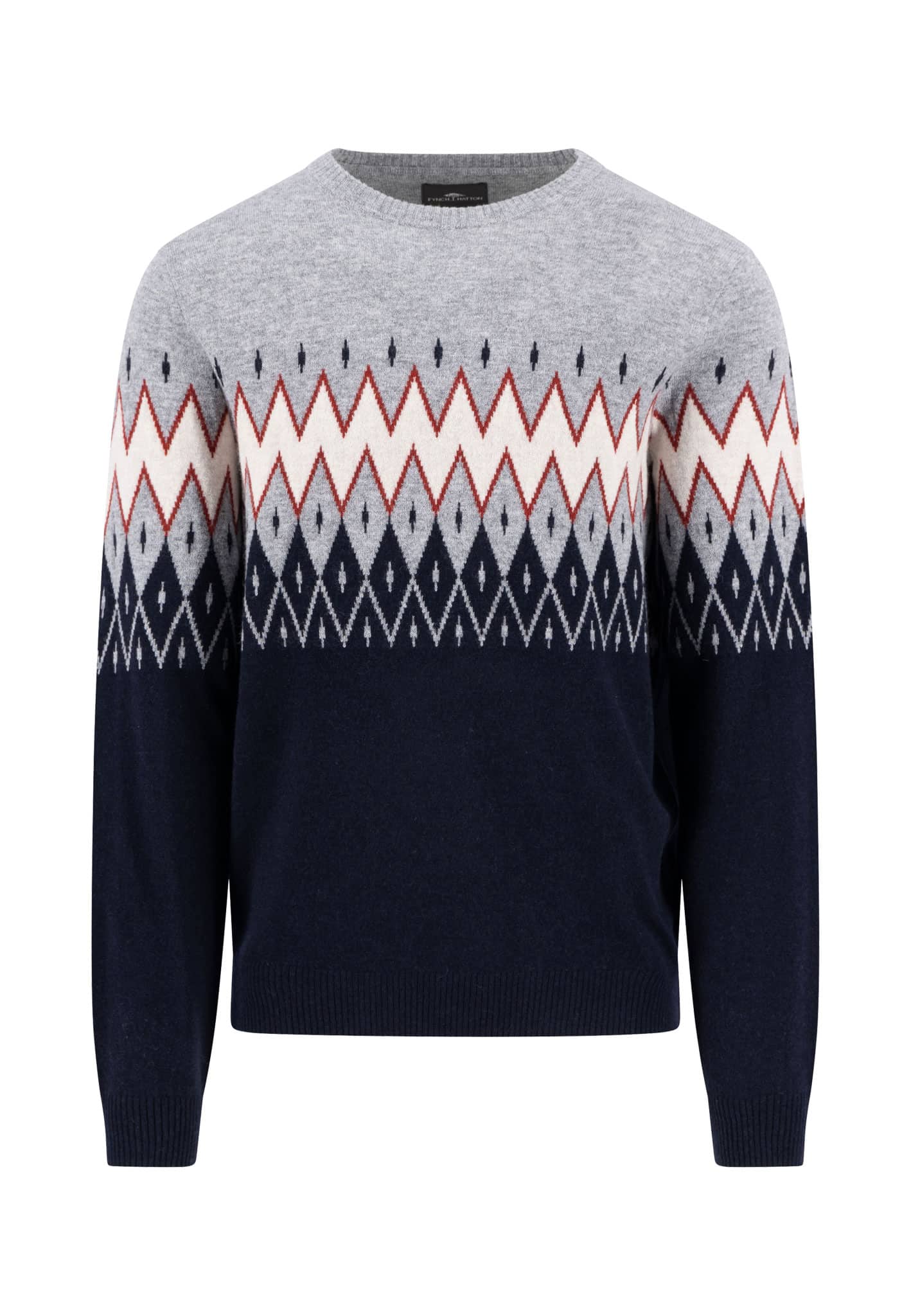 A long-sleeve sweater with a crew neckline, featuring a color gradient from light gray at the top to dark navy at the bottom. The sweater has a geometric diamond and zigzag pattern in white, red, and navy across the chest.