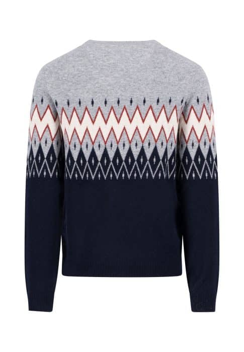 A long-sleeve sweater with a gray upper half and navy lower half, featuring a red, white, and navy diamond-shaped geometric pattern across the chest and arms.