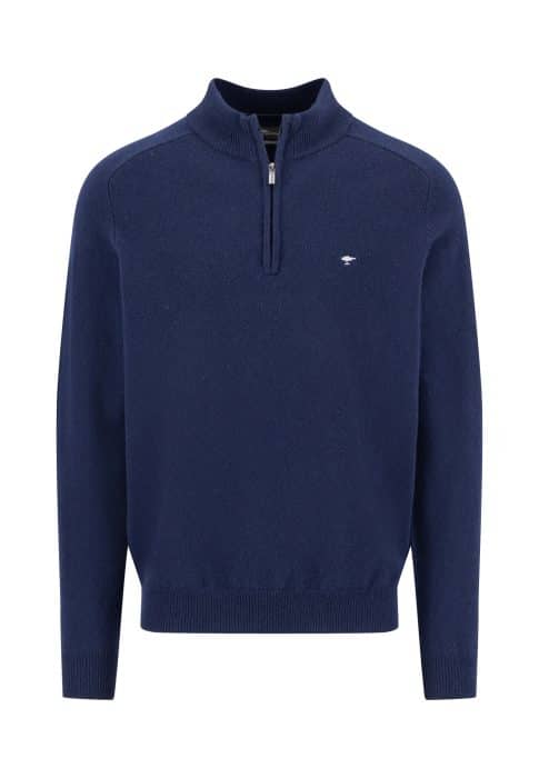 A navy blue quarter-zip sweater with long sleeves, ribbed cuffs and hem, and a small white embroidered logo on the left chest.