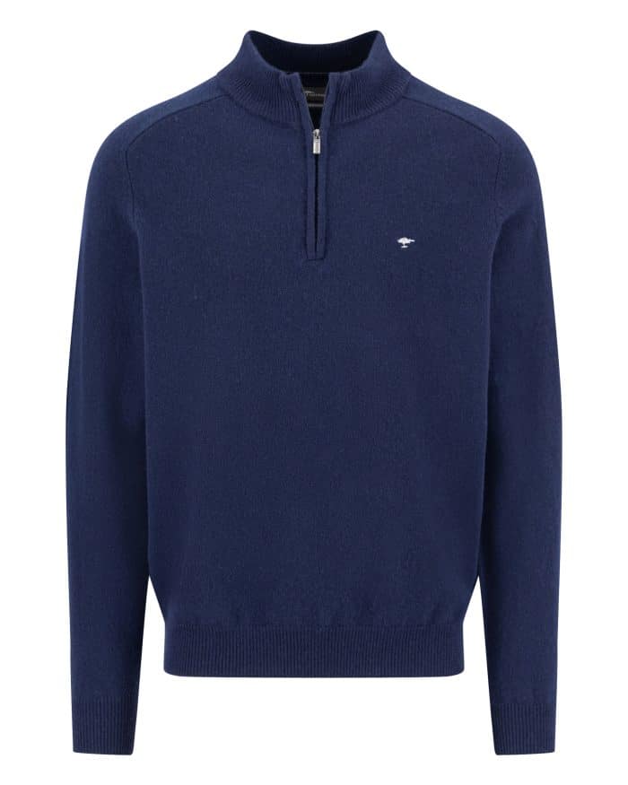 A navy blue quarter-zip sweater with long sleeves, ribbed cuffs and hem, and a small white embroidered logo on the left chest.