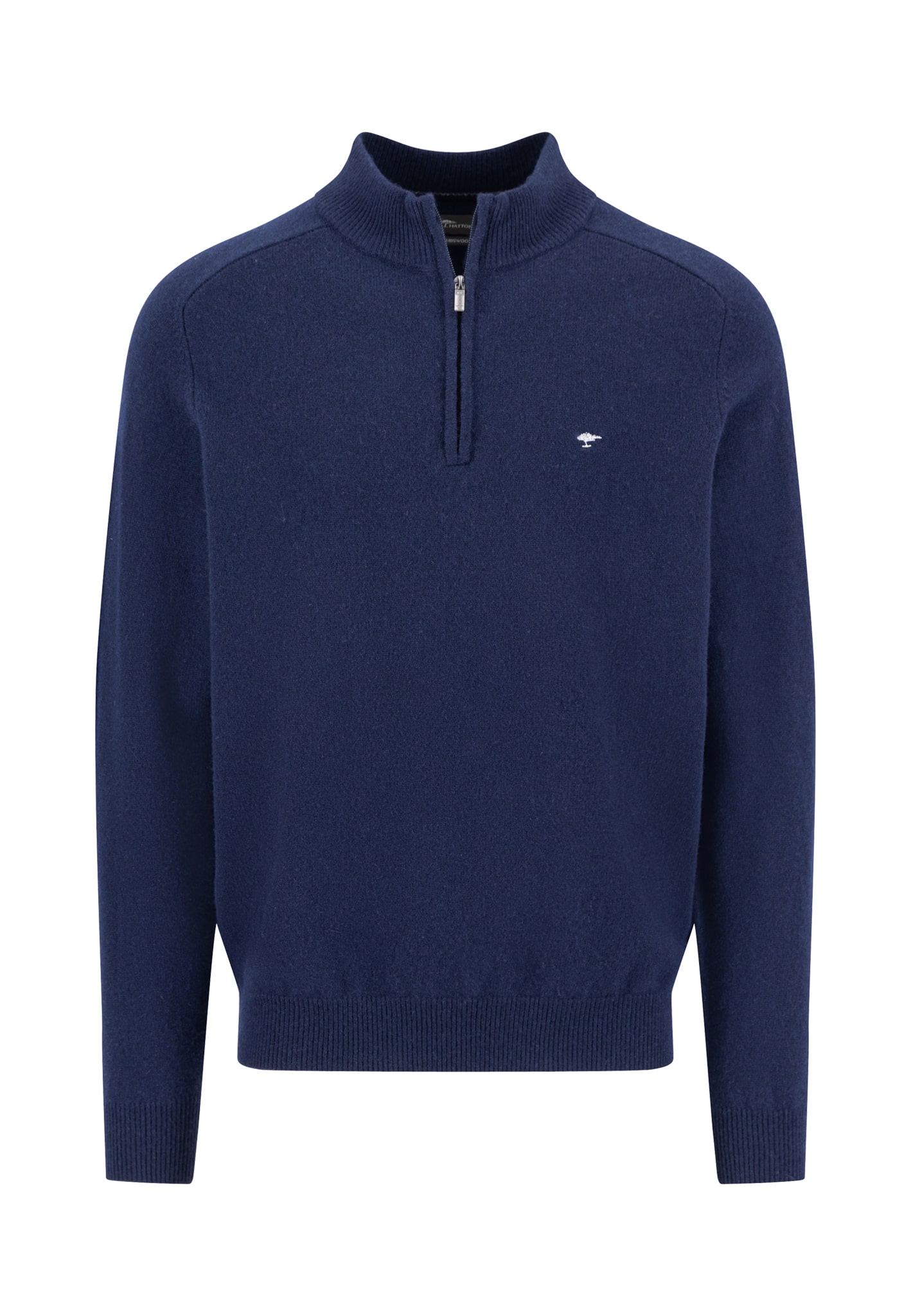 A navy blue quarter-zip sweater with long sleeves, ribbed cuffs and hem, and a small white embroidered logo on the left chest.