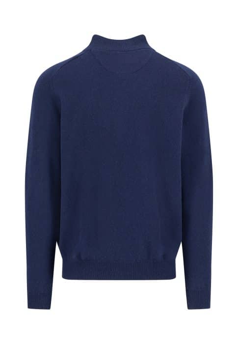 A plain, long-sleeve navy blue sweater shown from the back, featuring a ribbed collar, waistband, and cuffs.