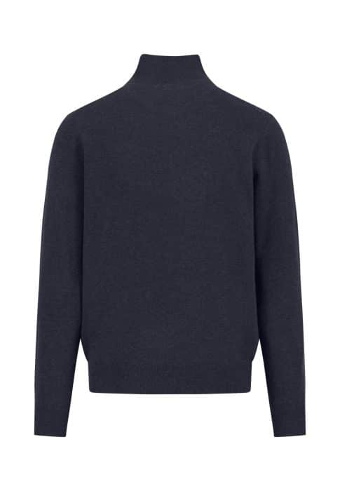 A plain, dark navy long-sleeve sweater shown from the back with a high collar and ribbed cuffs and hem.