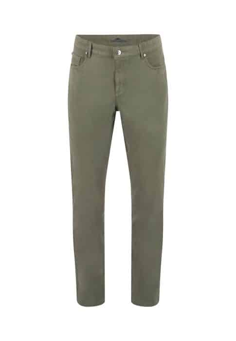 Olive green slim-fit pants with front and back pockets, button and zip closure, displayed on a plain white background.