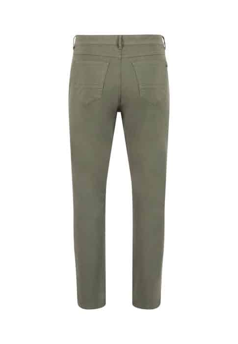 Back view of a pair of olive green pants with two rear pockets and straight legs, displayed on a white background.