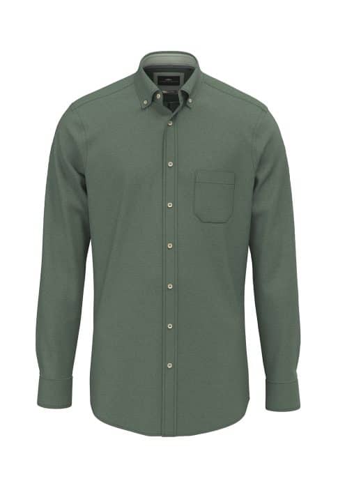 A long-sleeve, button-up shirt in muted green with a single chest pocket and buttoned collar, displayed on a white background.