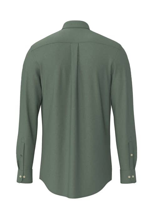 Back view of a long-sleeve, olive green button-up shirt with a collar, buttoned cuffs, and a central pleat running down the upper back.