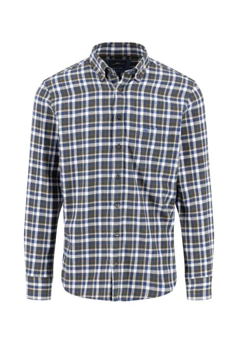 A long-sleeved, button-up shirt with a blue, white, and green plaid pattern, featuring a front pocket on the left chest and a button-down collar.
