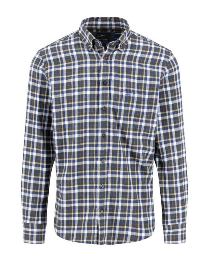 A long-sleeved, button-up shirt with a blue, white, and green plaid pattern, featuring a front pocket on the left chest and a button-down collar.
