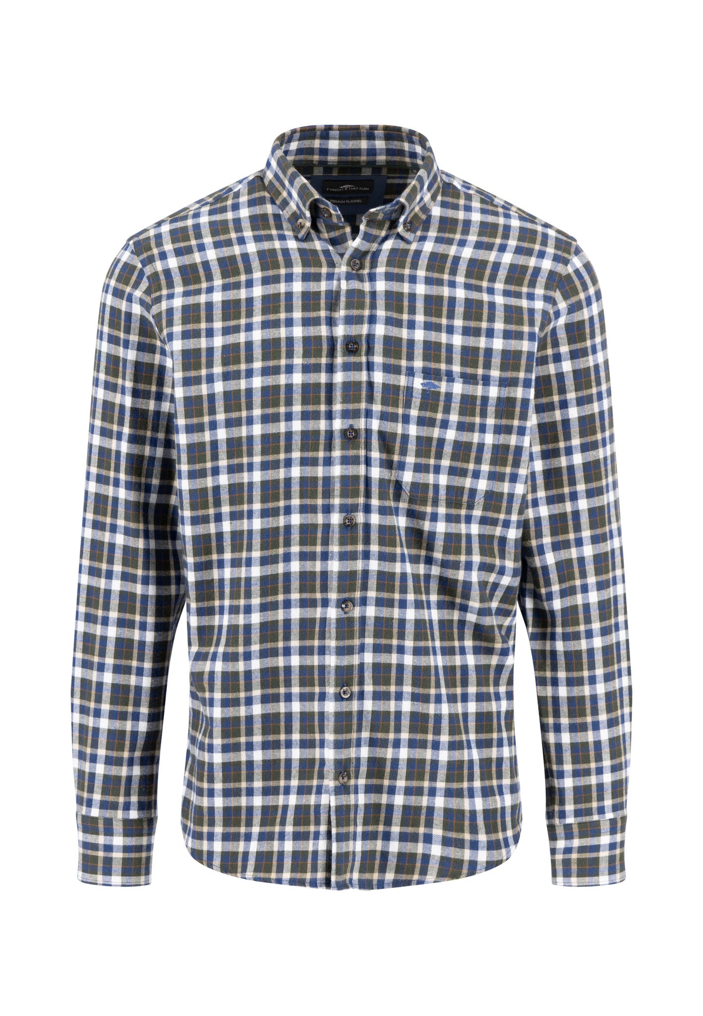 A long-sleeved, button-up shirt with a blue, white, and green plaid pattern, featuring a front pocket on the left chest and a button-down collar.