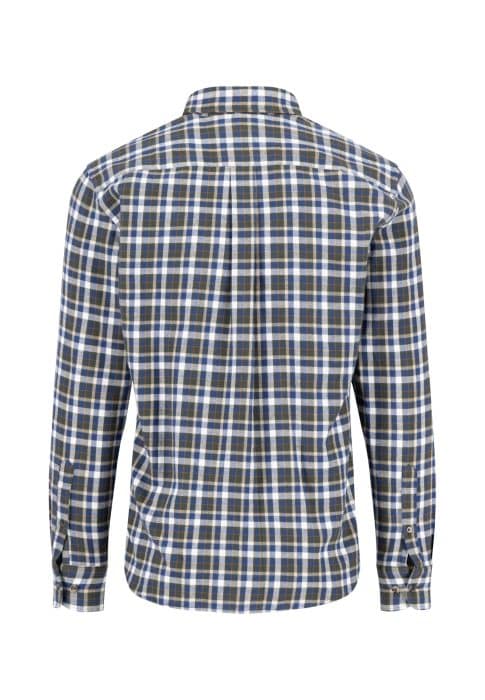 A long-sleeve button-up shirt with a blue, white, and olive green plaid pattern, shown from the back.