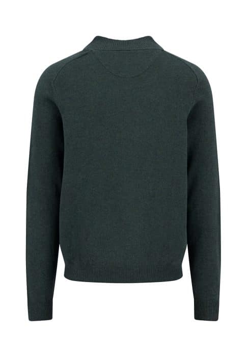 A dark green, long-sleeve, crew neck sweater shown from the back, displayed on a plain white background.