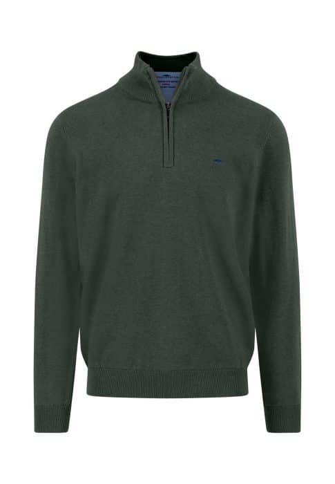A dark green, long-sleeve pullover sweater with a half-zip collar and ribbed cuffs and hem, displayed on a plain white background.