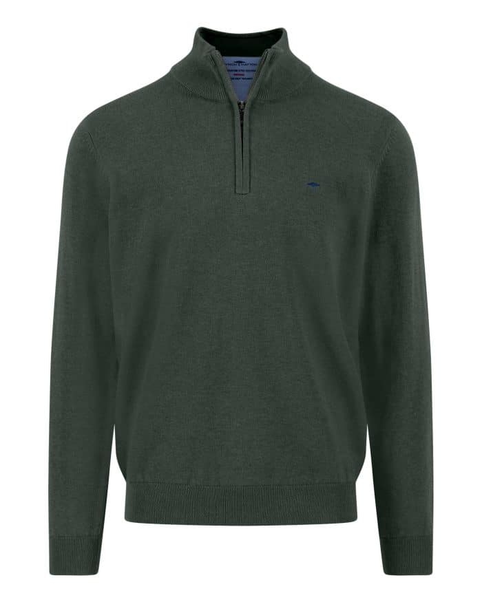 A dark green, long-sleeve pullover sweater with a half-zip collar and ribbed cuffs and hem, displayed on a plain white background.