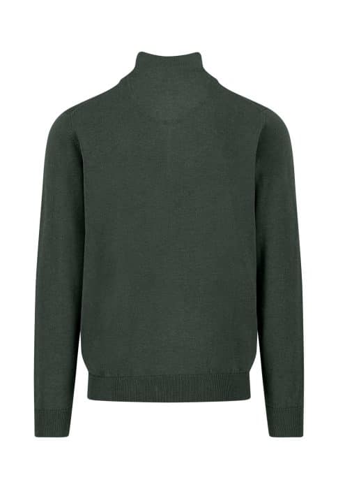 A dark green long-sleeve sweater shown from the back, featuring a mock neck and ribbed cuffs and hem.