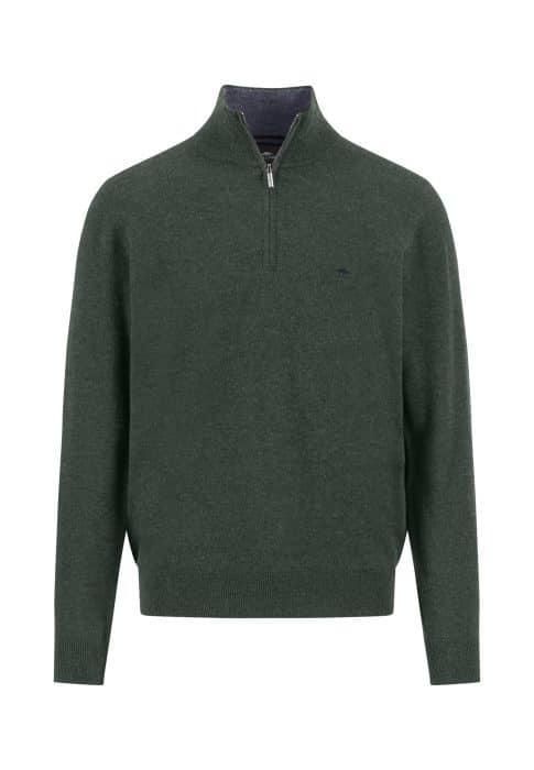 A dark green, long-sleeve, quarter-zip sweater with a stand-up collar and subtle ribbed cuffs and hem, displayed on a plain white background.