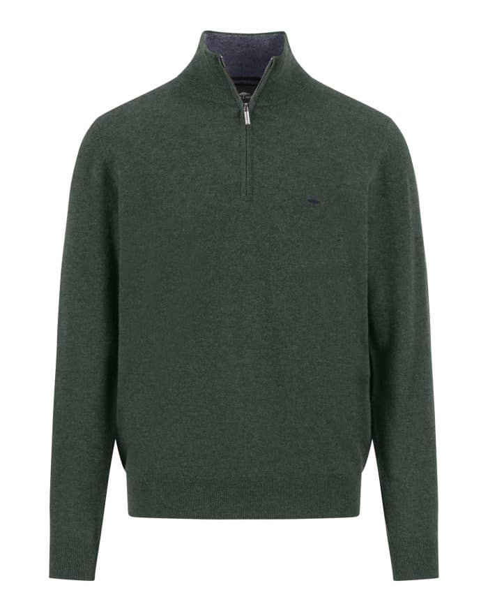 A dark green, long-sleeve, quarter-zip sweater with a stand-up collar and subtle ribbed cuffs and hem, displayed on a plain white background.