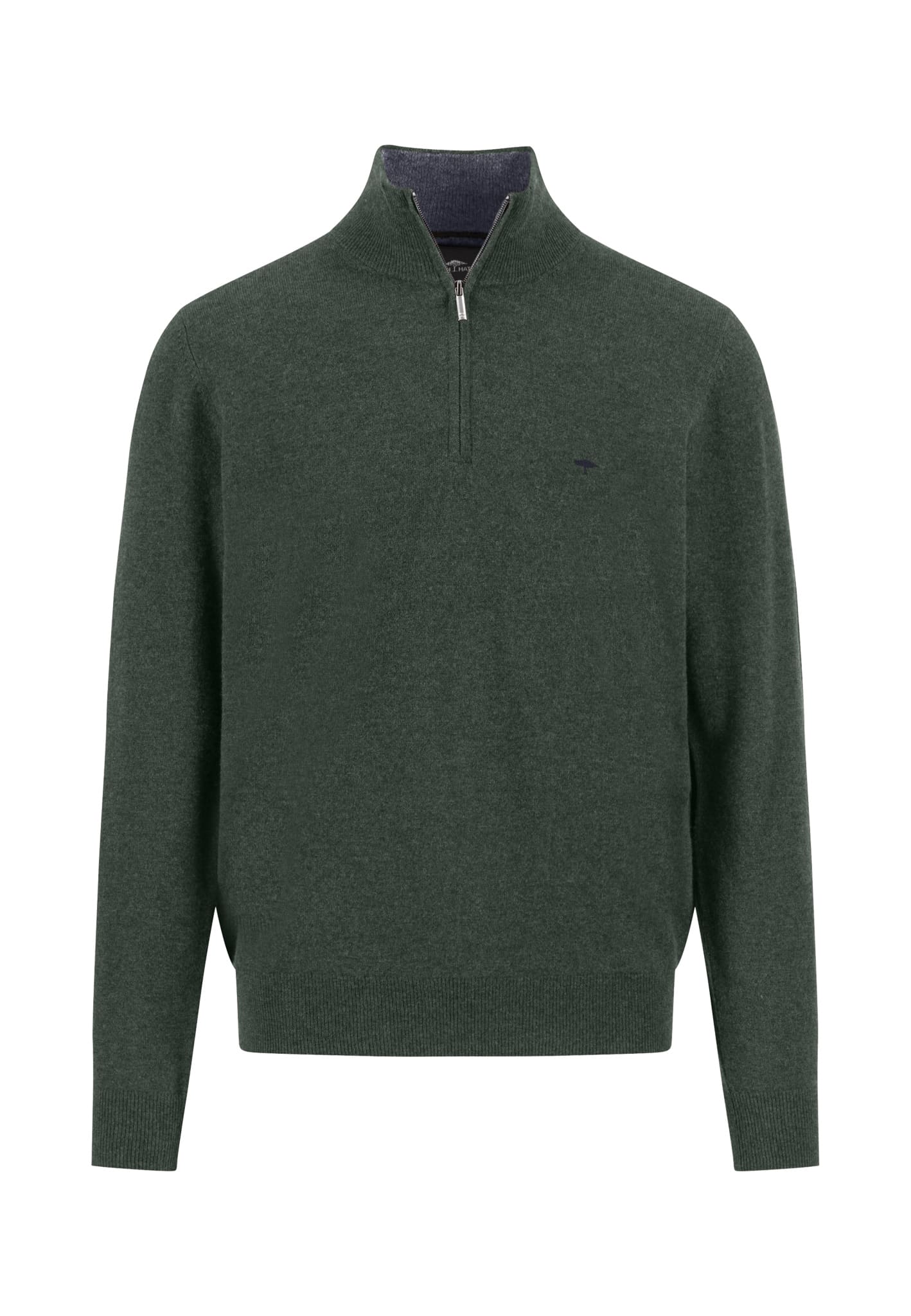 A dark green, long-sleeve, quarter-zip sweater with a stand-up collar and subtle ribbed cuffs and hem, displayed on a plain white background.