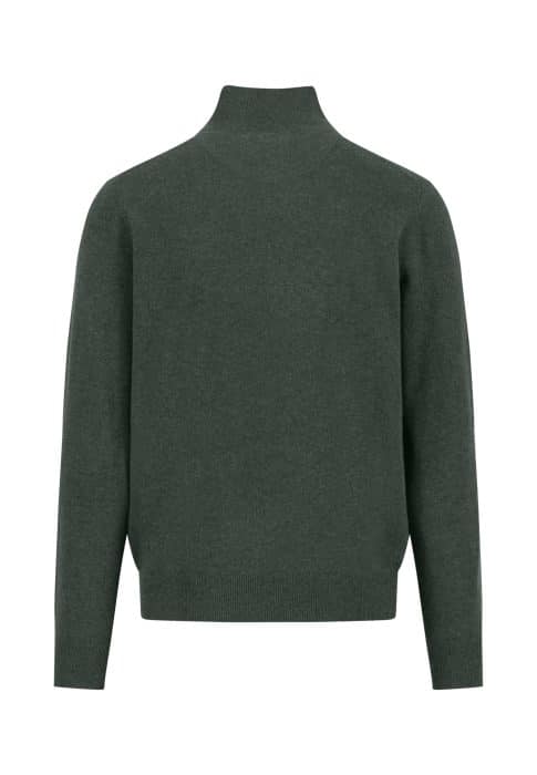 A dark green long-sleeve sweater shown from the back, featuring a mock neck and ribbed cuffs and hem.