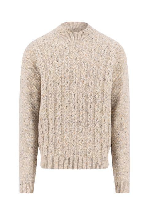 A beige, long-sleeve cable knit sweater with a round neckline and ribbed cuffs, hem, and collar. The sweater features a textured, speckled pattern throughout.
