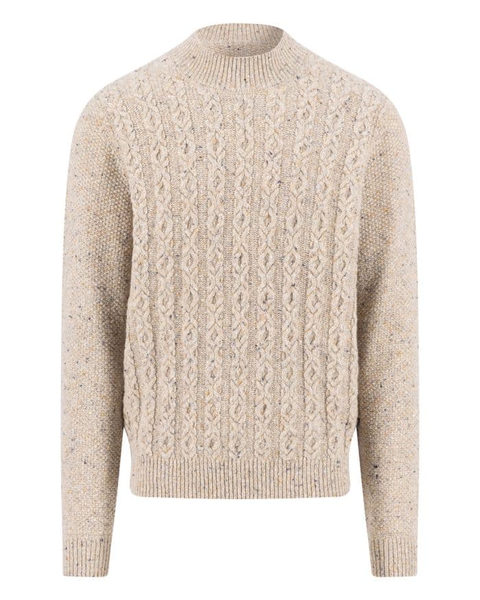 A beige, long-sleeve cable knit sweater with a round neckline and ribbed cuffs, hem, and collar. The sweater features a textured, speckled pattern throughout.
