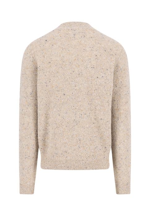 Back view of a beige, speckled knit sweater with long sleeves and ribbed cuffs, hem, and neckline, displayed on a plain white background.
