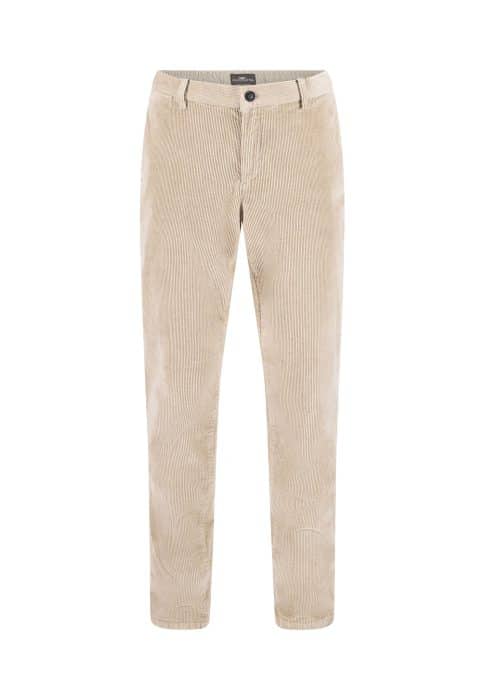 Beige corduroy trousers with a straight fit, front button and zip closure, and side pockets, displayed on a white background.