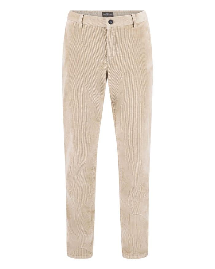 Beige corduroy trousers with a straight fit, front button and zip closure, and side pockets, displayed on a white background.