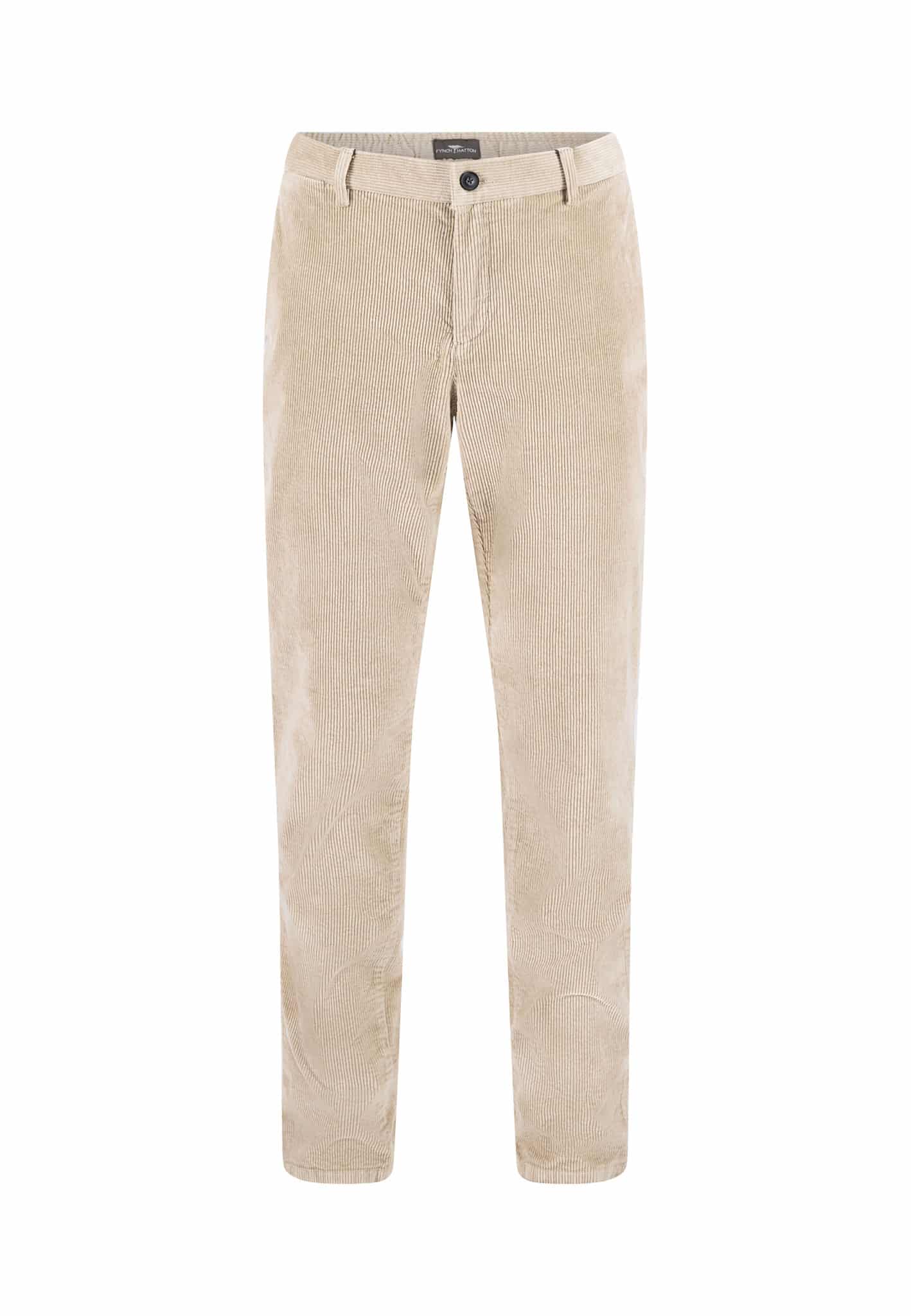 Beige corduroy trousers with a straight fit, front button and zip closure, and side pockets, displayed on a white background.