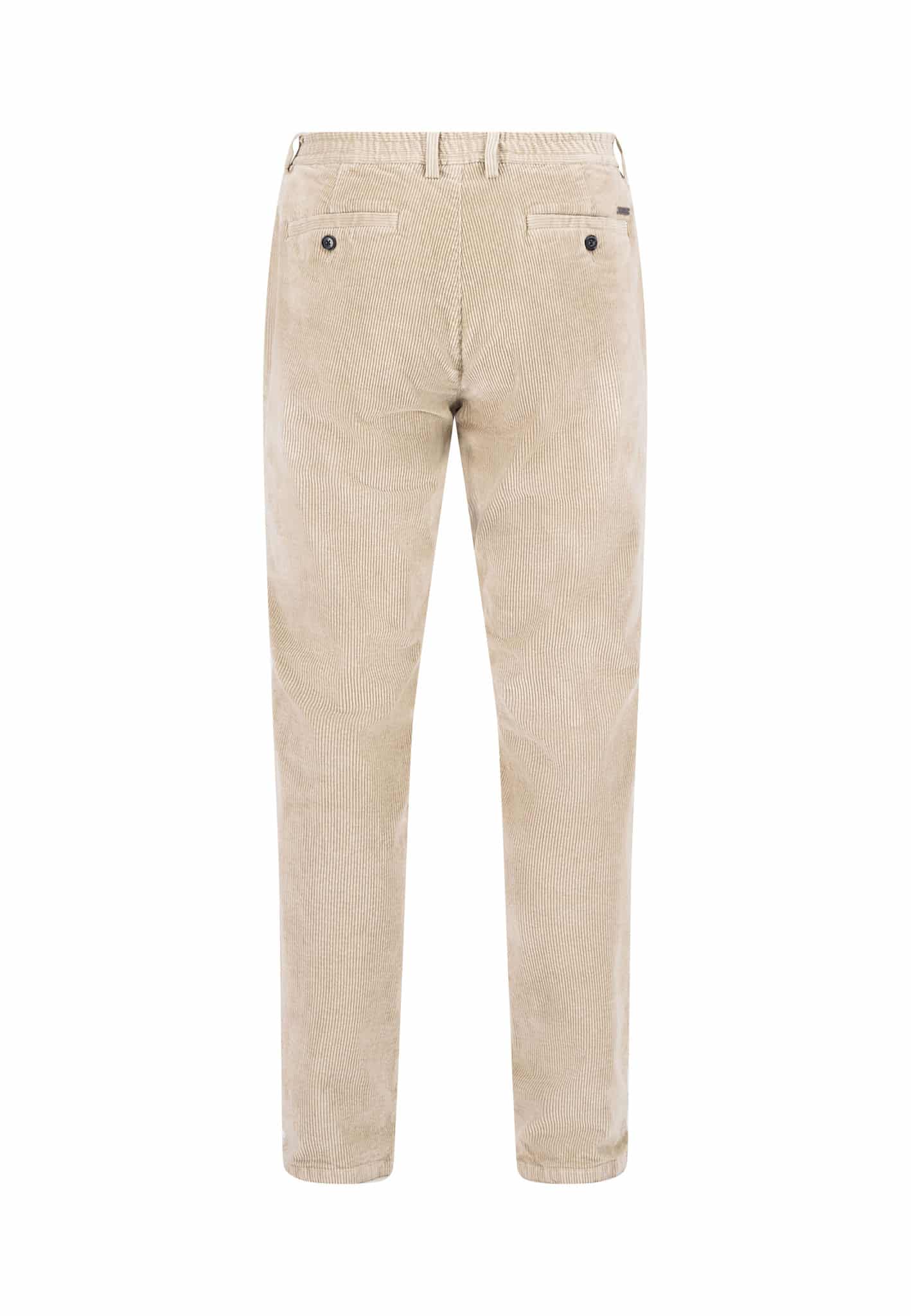 Beige corduroy pants viewed from the back, featuring two back pockets with button closures and belt loops at the waistband.