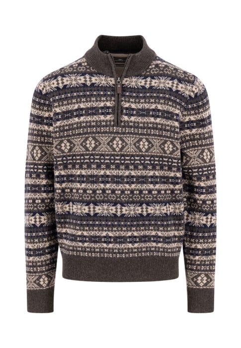 A brown and gray knit sweater with a half-zip collar, featuring a Fair Isle pattern with geometric and snowflake designs in shades of beige, navy, and cream.