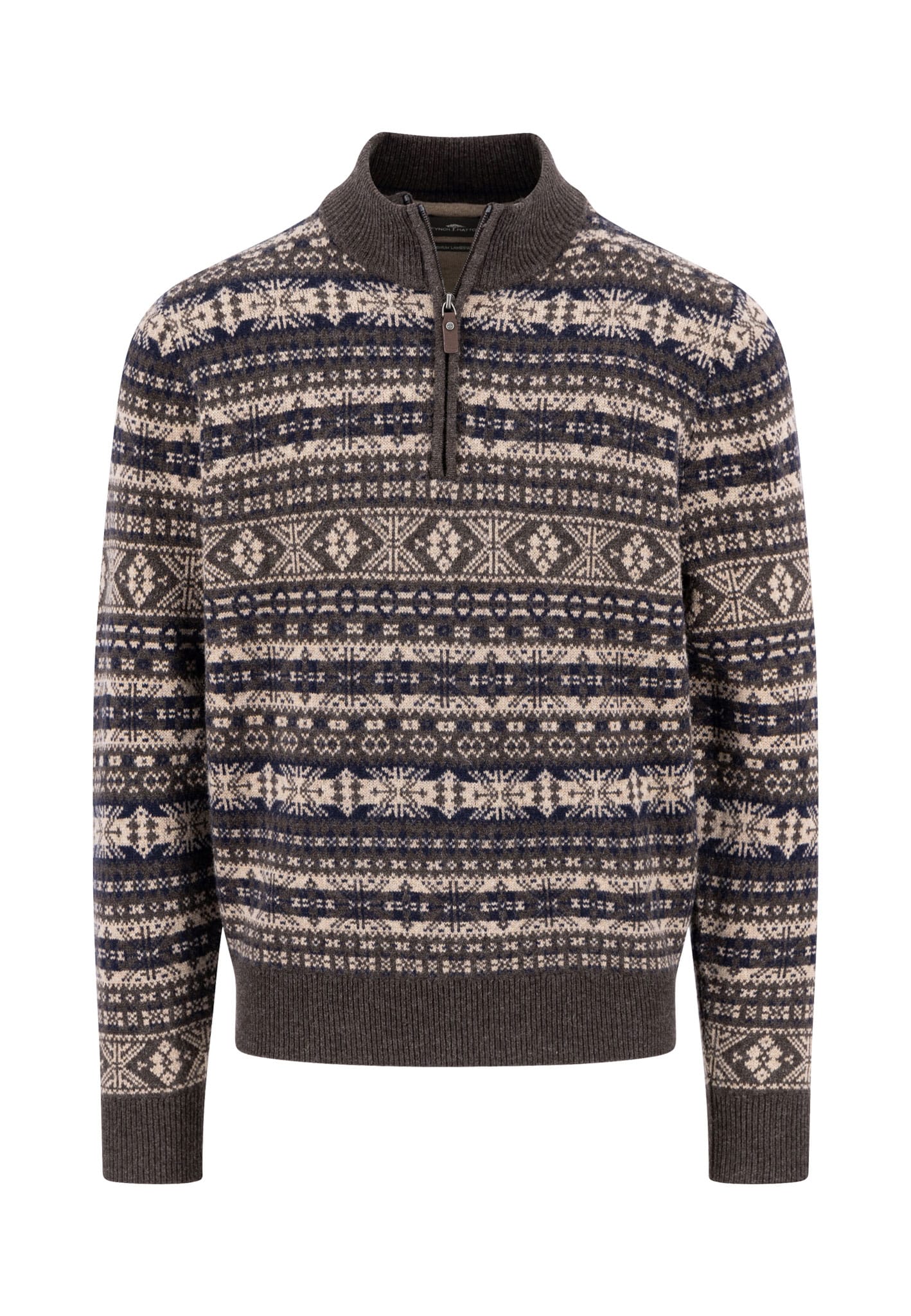 A brown and gray knit sweater with a half-zip collar, featuring a Fair Isle pattern with geometric and snowflake designs in shades of beige, navy, and cream.