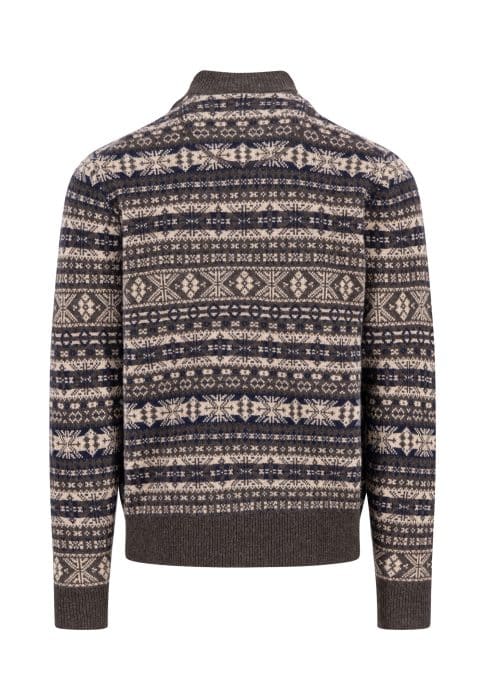 A knitted sweater with a back view, featuring a Nordic-inspired pattern in shades of gray, navy blue, and cream. The design includes geometric shapes, snowflakes, and stripes.