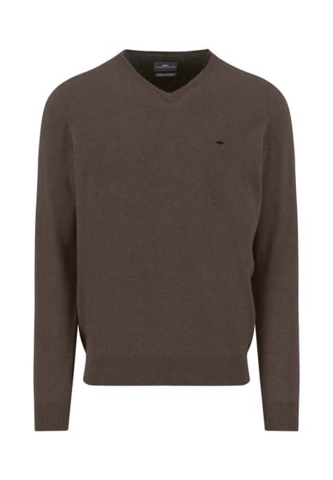 A brown, long-sleeve, V-neck sweater with ribbed cuffs and hem, featuring a small, subtle embroidered logo on the left chest. The sweater is displayed on a plain white background.