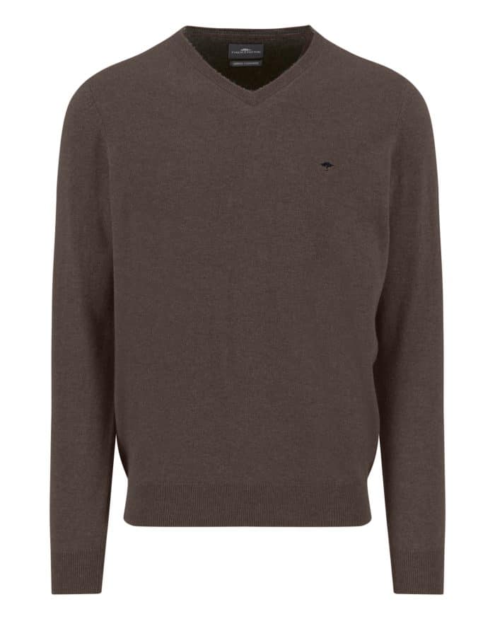 A brown, long-sleeve, V-neck sweater with ribbed cuffs and hem, featuring a small, subtle embroidered logo on the left chest. The sweater is displayed on a plain white background.