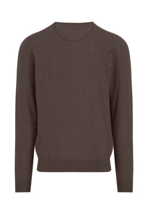 A plain, long-sleeve, brown crew-neck sweater is shown against a white background. The sweater has a simple, classic design with ribbed cuffs, hem, and neckline.