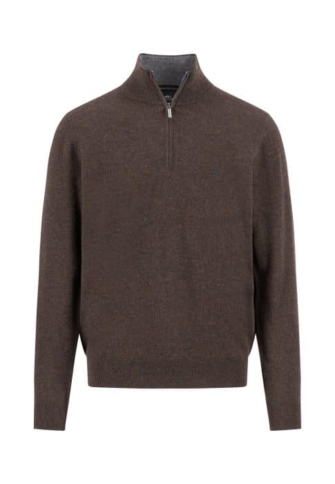 A brown long-sleeve pullover sweater with a quarter-zip collar, ribbed cuffs, and a ribbed hem, displayed on a plain white background.